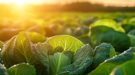 Poster - Vibrant Green Cabbage Leaves in a Sunlit Field with Dew Drops Sparkling at Dawn : Generative AI