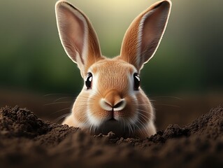 Poster - Beautiful brown rabbit emerging from soft earth with a blurred green background creating a serene scene : Generative AI