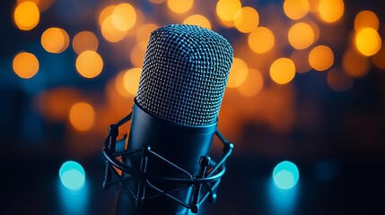 Poster - Close Up of a Microphone with Soft Blurred Lights in the Background for Music Events : Generative AI