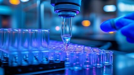 Poster - Detailed view of a precision pipette dispensing liquid into test tubes in a glowing laboratory : Generative AI