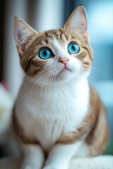 Poster - Adorable young cat with striking blue eyes gazing curiously at its surroundings indoors : Generative AI