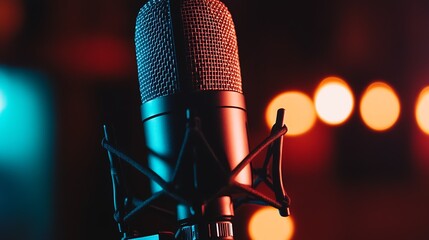 Poster - High quality close up of a professional microphone with colorful lights in the background : Generative AI