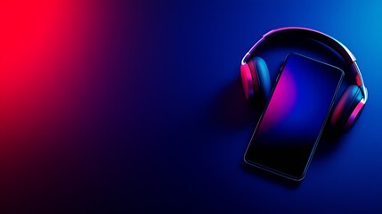 Poster - Trendy smartphone with headphones placed on stylish gradient background reflecting modern music culture : Generative AI