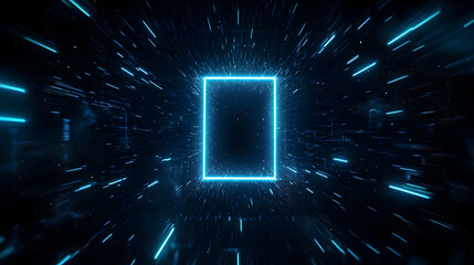 Poster - Glowing Blue Neon Square Frame In Futuristic Tunnel