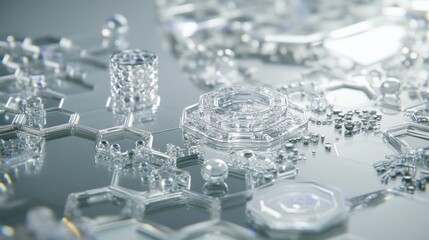 Poster - Abstract glass geometric structures arranged on a reflective surface