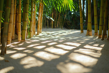 Poster - Sunlight filters through bamboo stalks, casting patterned shadows on a sandy path.  Serene and peaceful.
