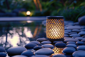 Aufkleber - A serene outdoor scene with a lit lantern resting on smooth stones by a tranquil pool at twilight.
