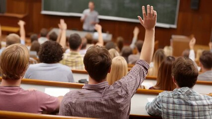 Poster - Students Engaged in Learning During a Lecture With Raised Hands Generative AI