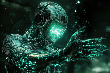 Poster - A futuristic cyborg, glowing teal, extends a hand, showcasing advanced technology and digital artistry.