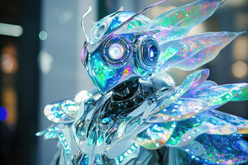 Poster - Futuristic iridescent robot with intricate design and butterfly-like wings, showcasing advanced technology.