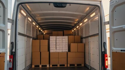 Poster - A closeup of a delivery trucks open rear doors revealing organized rows of boxes inside bathed in natural light filtering through the warehouse.