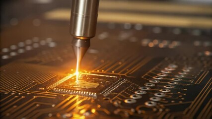 Aufkleber - A closeup of a soldering process where molten solder is precisely applied to secure a small microchip onto a printed circuit board with glowing amber light reflecting the heat.