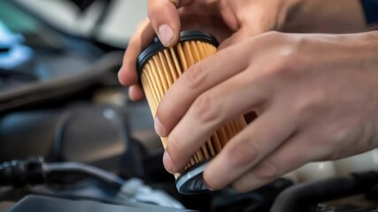 Poster - A closeup of a technicians hands cleansing a fuel pump filter emphasizing the need for regular cleaning in maintenance protocols.