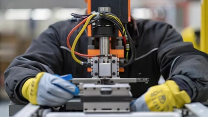 Aufkleber - A closeup of a worker wearing protective gloves adjusting sensors on a robotic palletizer featuring the intricate wiring and mechanical parts of the automation.