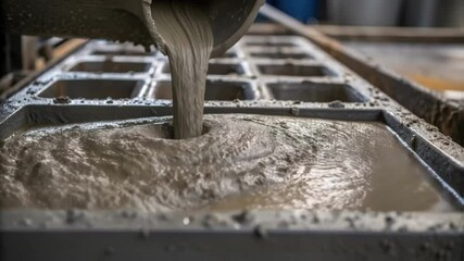 Aufkleber - A closeup of concrete being poured from a mixer into molds with splashes and the wet texture of the mixture capturing the action of construction.