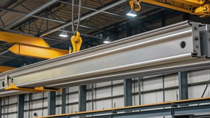 Poster - A closeup of the crane rail systems mounted on the warehouse ceiling emphasizing the smooth sy metal tracks designed for heavy lifting.