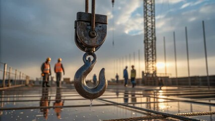 Aufkleber - A closeup of the cranes hook glistening with moisture as it hovers above a construction site framed by a background of workers coordinating below.