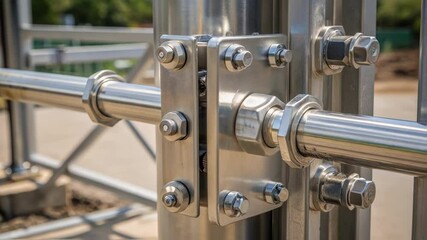 Aufkleber - A closeup of the intricate details of a newly installed distribution gate metal parts gleaming and securely fastened signifying a crucial element of the irrigation system.