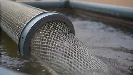 Poster - A closeup of the pumps intake screen revealing fine mesh details that filter out debris with water flowing through it creating ripples against the metal.