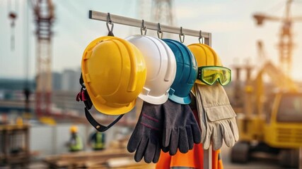 Poster - A closeup shot of safety gear hanging on a hook including hard hats gloves and goggles emphasized against the backdrop of ongoing construction activity.