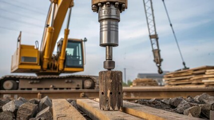 Poster - A closeup shot of the pile drivers massive steel hammer poised above a wooden pile highlighting the intricate engineering and the moment before impact.