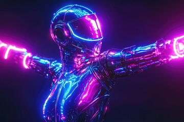 Poster - A chrome robot with neon lights, arms outstretched in a dynamic pose, futuristic and vibrant.