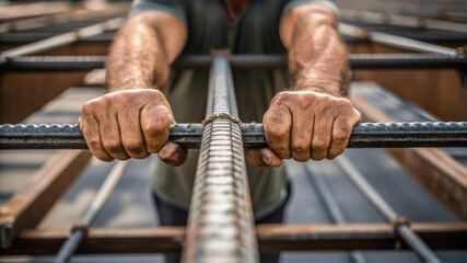 Poster - A closeup view of a workers hands gripping a heavy structural panel showcasing the grip and determination as they align it with steel beams.