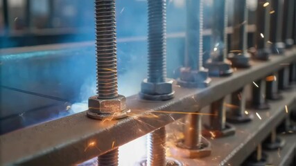 Aufkleber - A closeup view of bolts being tightened with industrial tools with sparks flying showcasing the energy and intensity in the assembly of prefab structures.