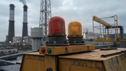 Aufkleber - A closeup view of the vibrant warning lights flashing atop the crane contrasting against the backdrop of a sy industrial landscape.