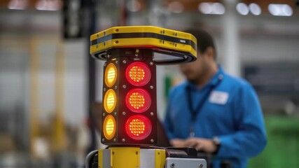 Aufkleber - A closeup view of feedback lights on an assembly robot glowing in various colors indicating operational status and the interplay of human oversight.