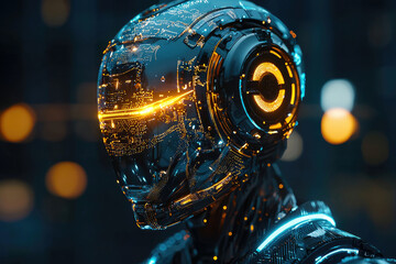 Poster - Futuristic robot head, intricate design, glowing circuits, dark background, technological marvel.