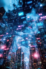 Poster - Futuristic cityscape with vibrant digital displays at dusk