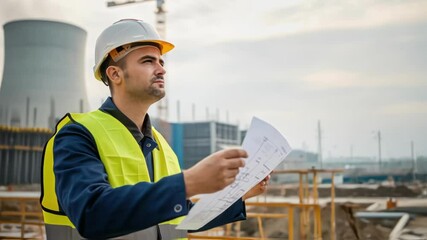 Aufkleber - A medium closeup of a construction supervisor using a blueprint to coordinate the assembly with a backdrop of rising cooling tower structures in the distance.