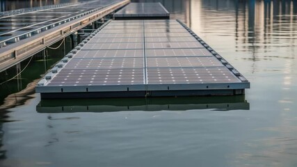 Aufkleber - A medium closeup of a floating solar panel installation on an industrial pond with reflections shimmering on the waters surface and nearby industrial structures framing the view.