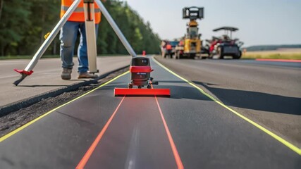 Poster - A medium closeup of a freshly paved road section with a close inspection by a surveyor using a laser level showcasing the precision and detail in ensuring a smooth finish.