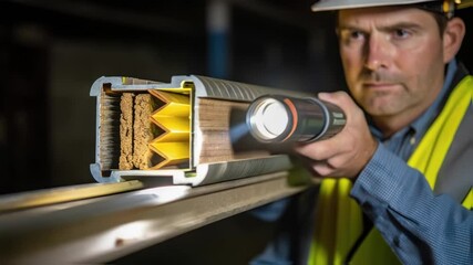 Aufkleber - A medium closeup of an engineer inspecting a bridge expansion joint holding a flashlight to illuminate the joints inner mechanics revealing various layers of materials.