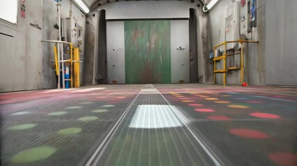 Poster - A medium closeup of an industrial spray booth highlighting the intricate patterns of overspray paint settled on the protective floor mats.