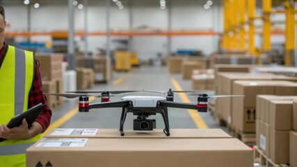 Aufkleber - A medium closeup of an operator in a highvisibility vest troubleshooting a malfunctioning drone in a distribution setting surrounded by boxes and tingedge logistics equipment.