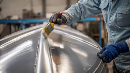 Aufkleber - A medium closeup of a worker applying a layer of protective paint to a vessel their gloved hands steady as they ensure complete coverage on the metal surface.