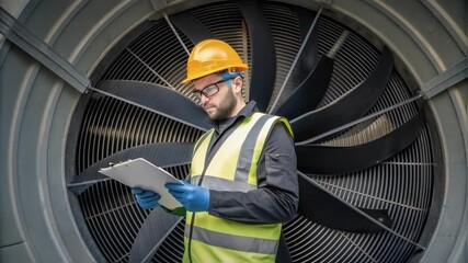 Aufkleber - A medium closeup of a worker in safety gear inspecting a cooling towers fan blades emphasizing the intricate design and the industrial environment surrounding them.