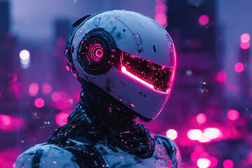 Aufkleber - A futuristic robot in a neon-lit city, showcasing advanced technology and design.
