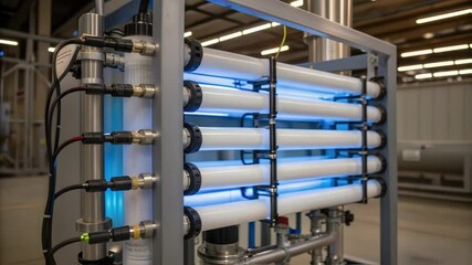 Aufkleber - An illuminated view of the inner workings of a reverse osmosis unit highlighting the intricate arrangement of tubing and connectors within an industrial setting.