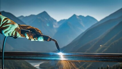 Aufkleber - A welders gloved hands skillfully manipulating a welding torch with a backdrop of towering mountains under a bright blue sky highlighting the isolation of the work environment.