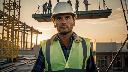 Poster - A workers face lit by the late afternoon sun reflecting determination and focus as they supervise a group lifting a massive structural panel overhead.