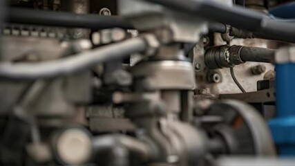 Poster - Closeup of a technicians face focused and serious wearing safety goggles as they inspect a chillers mechanical components.