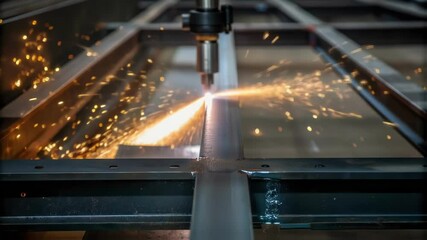 Aufkleber - Closeup of a welding torch in action as two prefabricated sections are being fused together with bright sparks flying illustrating the details of the assembly process.