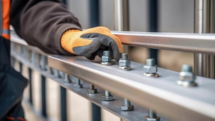 Aufkleber - Closeup of a workers gloved hands tightening bolts on bracket connections showcasing the intricate details of the railings being installed.