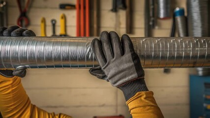 Poster - Closeup of heatresistant gloves gripping a long piece of ductwork as its maneuvered into place with the backdrop exhibiting tools and safety equipment hanging on the wall.