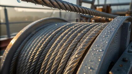 Poster - Closeup of steel cables and pulleys on the crane glistening with morning dew emphasizing the structural intricacies and scale of the machinery.