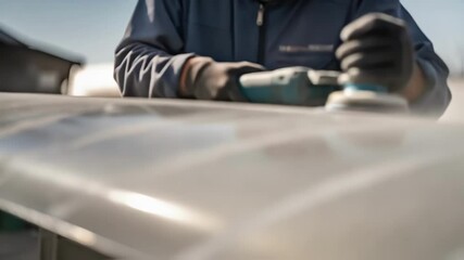 Poster - Closeup of the sanding process on a wind turbine blade showing fine particles flying as a technician smooths out a repaired area for painting.